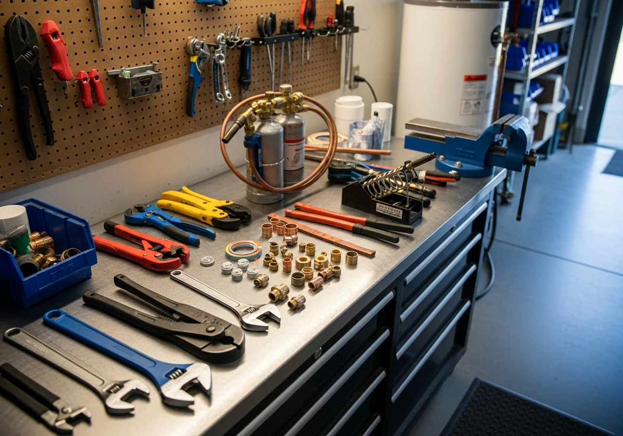 Plumbing tools and equipment arranged on a work surface, representing professional service readiness.