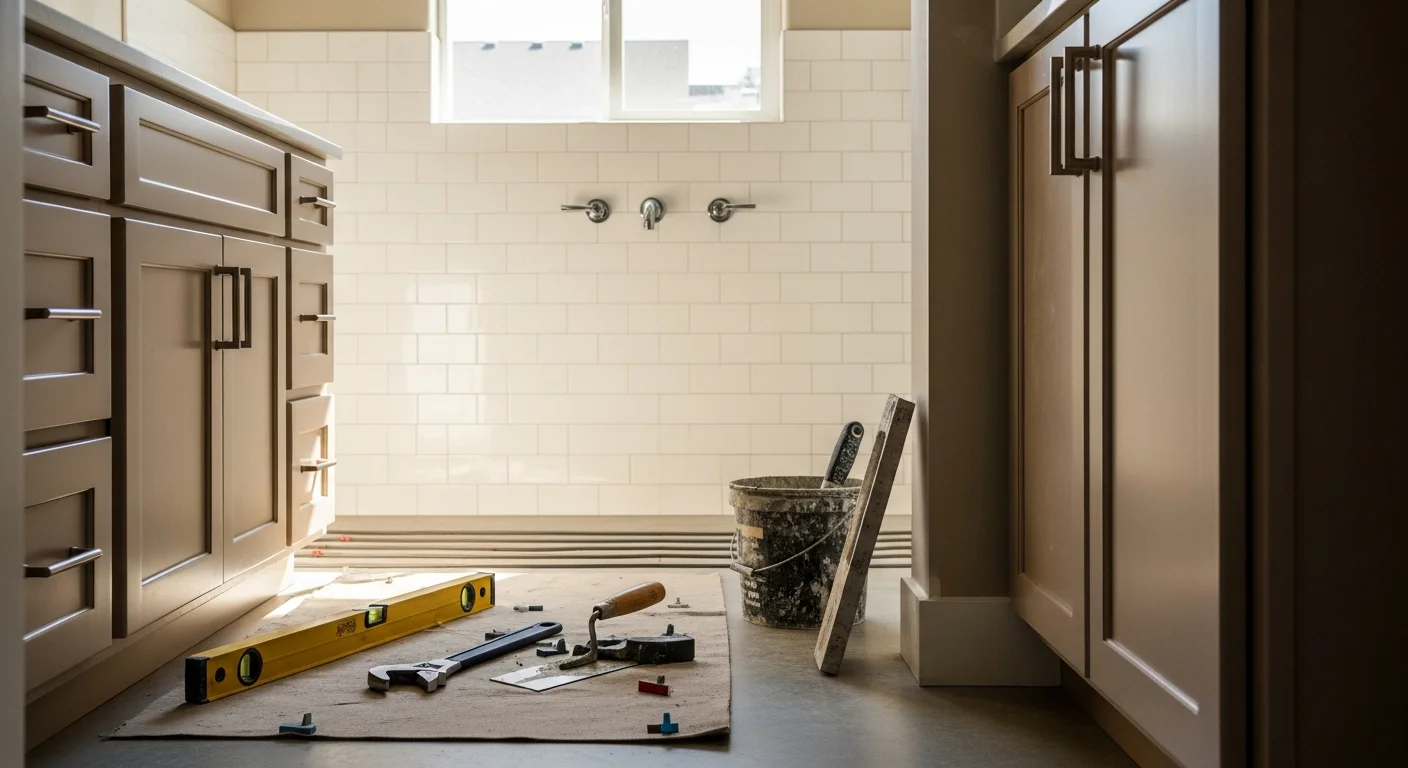 Newly remodeled bathroom with modern fixtures and tile flooring