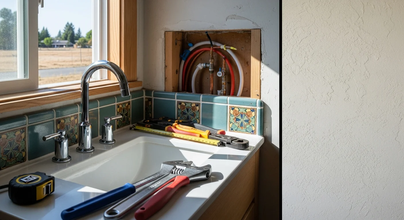 New home construction site with framing and plumbing rough-in work