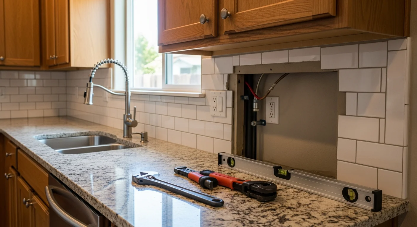 Modern kitchen with new cabinets, countertops, and stainless steel fixtures