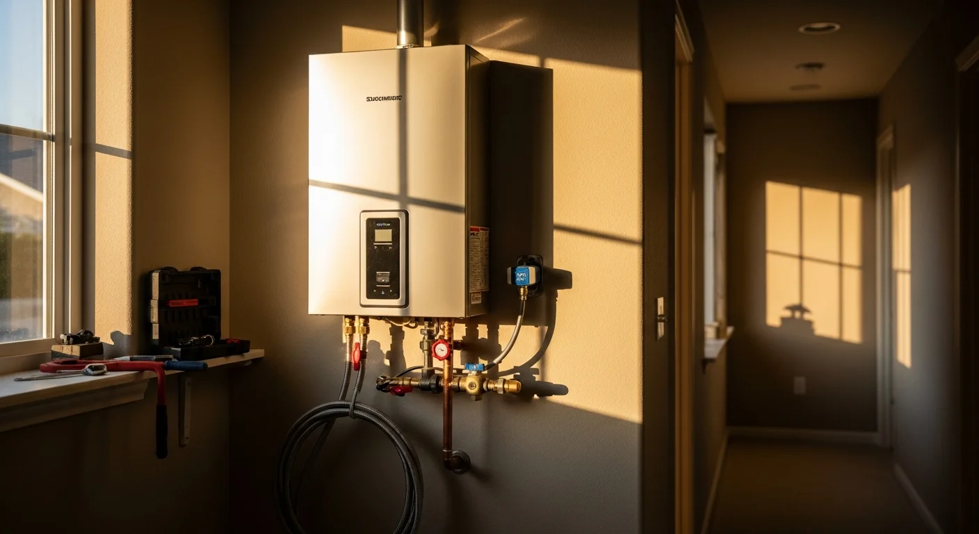 Plumber installing a water heater in a residential home