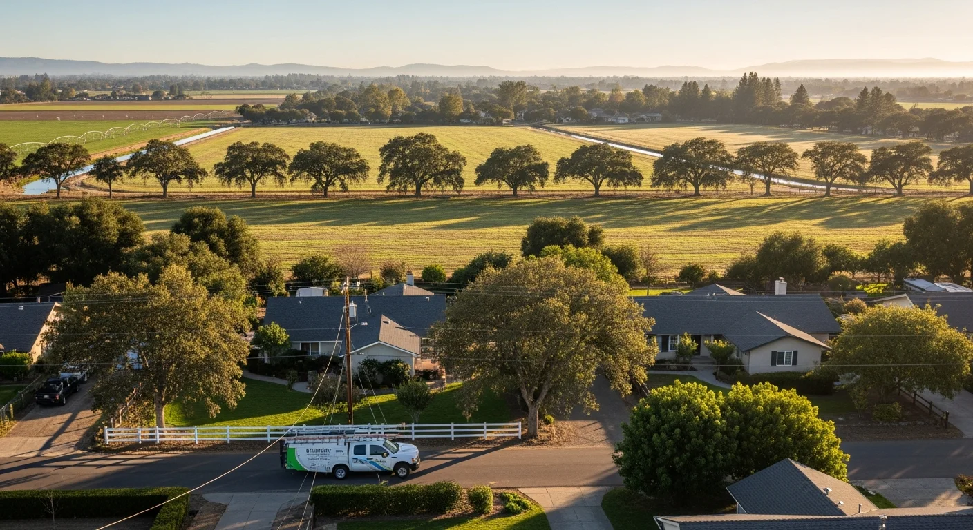 Wide view of Yolo County farmland and residential neighborhoods under clear sky.