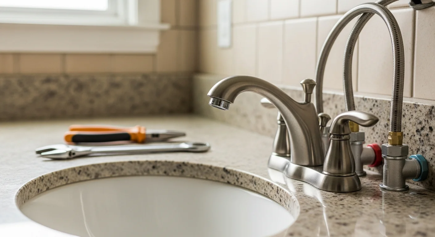 A licensed plumber from Blue Print Plumbing installing a new bathroom sink fixture in a Yolo County home. The image shows the completed under-sink supply line connections and a clean, properly seated faucet on a vanity countertop.