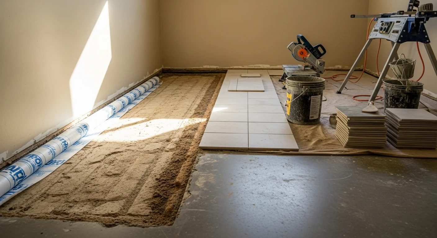 Freshly installed water-resistant bathroom floor in a Yolo County home, showing clean grout lines and a level surface next to a white vanity. The bathroom floor extends from the doorway to the base of the shower, with no visible gaps or lifting at the edges.
