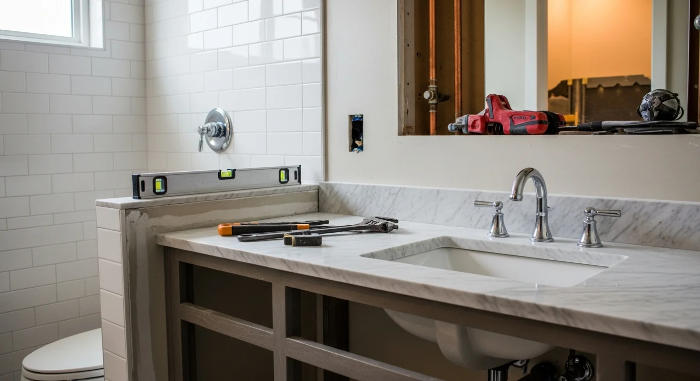 A finished bathroom remodel in a Yolo County home showing a walk-in tile shower, updated vanity, and new plumbing fixtures. The space reflects a clean, functional layout typical of renovated older homes in the Woodland and Davis area.