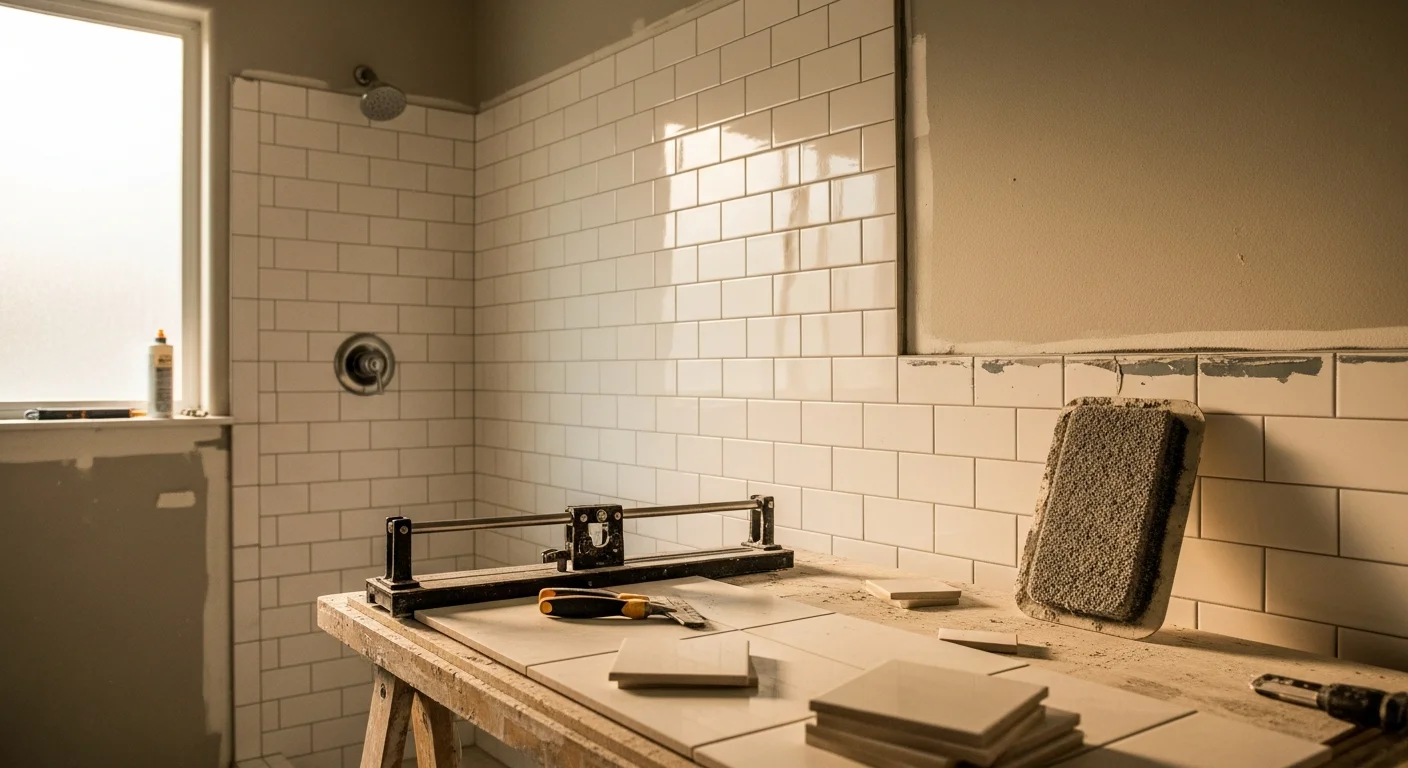 Freshly installed ceramic floor and shower wall tile in a Yolo County bathroom remodel by Blue Print Plumbing. The shower surround shows clean grout lines and a waterproof tile layout from floor to ceiling.