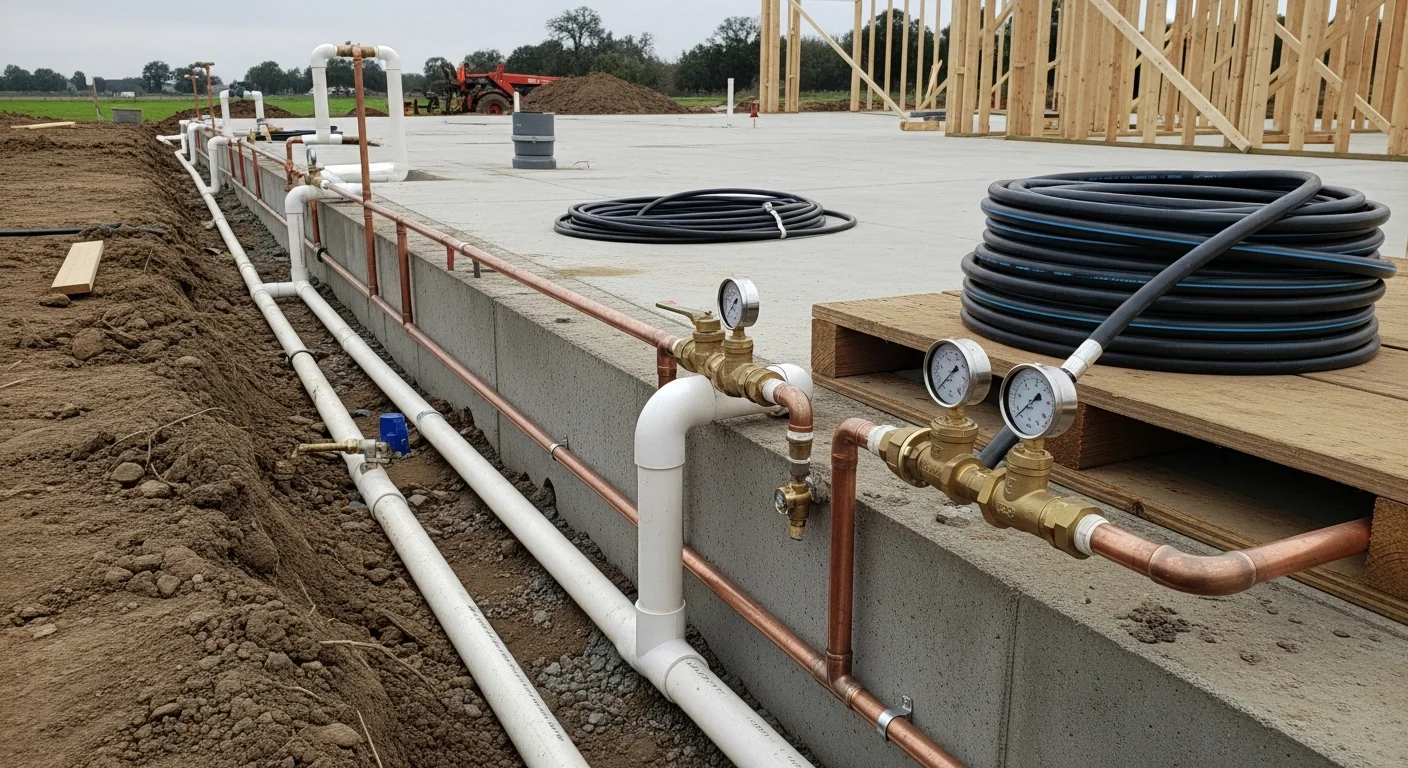 Interior of a commercial cultivation facility in Yolo County showing exposed plumbing supply lines, floor drains, and irrigation rough-ins installed along concrete walls before grow equipment is placed. A general contractor reviews pipe routing against a site plan on a large agricultural parcel.
