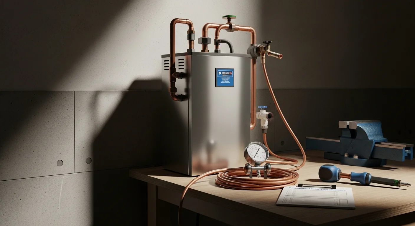 A licensed plumber from Blue Print Plumbing connects supply lines to a newly installed commercial water heater inside a Yolo County commercial building. The unit is mounted against a utility room wall with visible gas line and pressure relief valve connections.