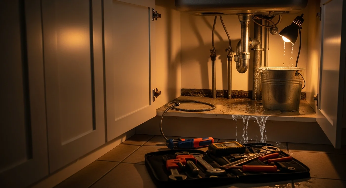 A licensed Blue Print Plumbing technician repairing a burst pipe under a kitchen sink in a Yolo County home. Water damage is visible on the cabinet floor, showing an active emergency repair in progress.