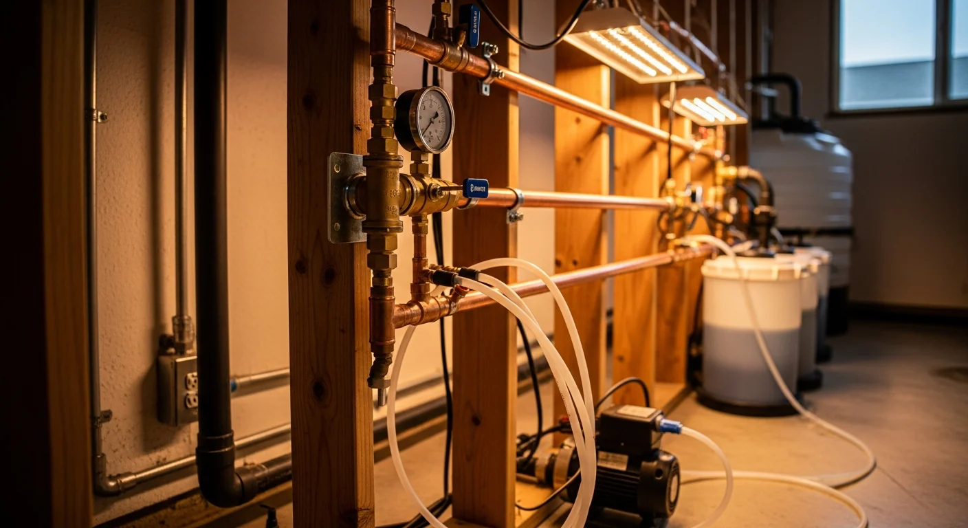 A completed hydroponic plumbing installation inside a commercial grow facility in Yolo County, showing organized water supply lines, pump connections, and nutrient distribution tubing running to multiple grow rows.