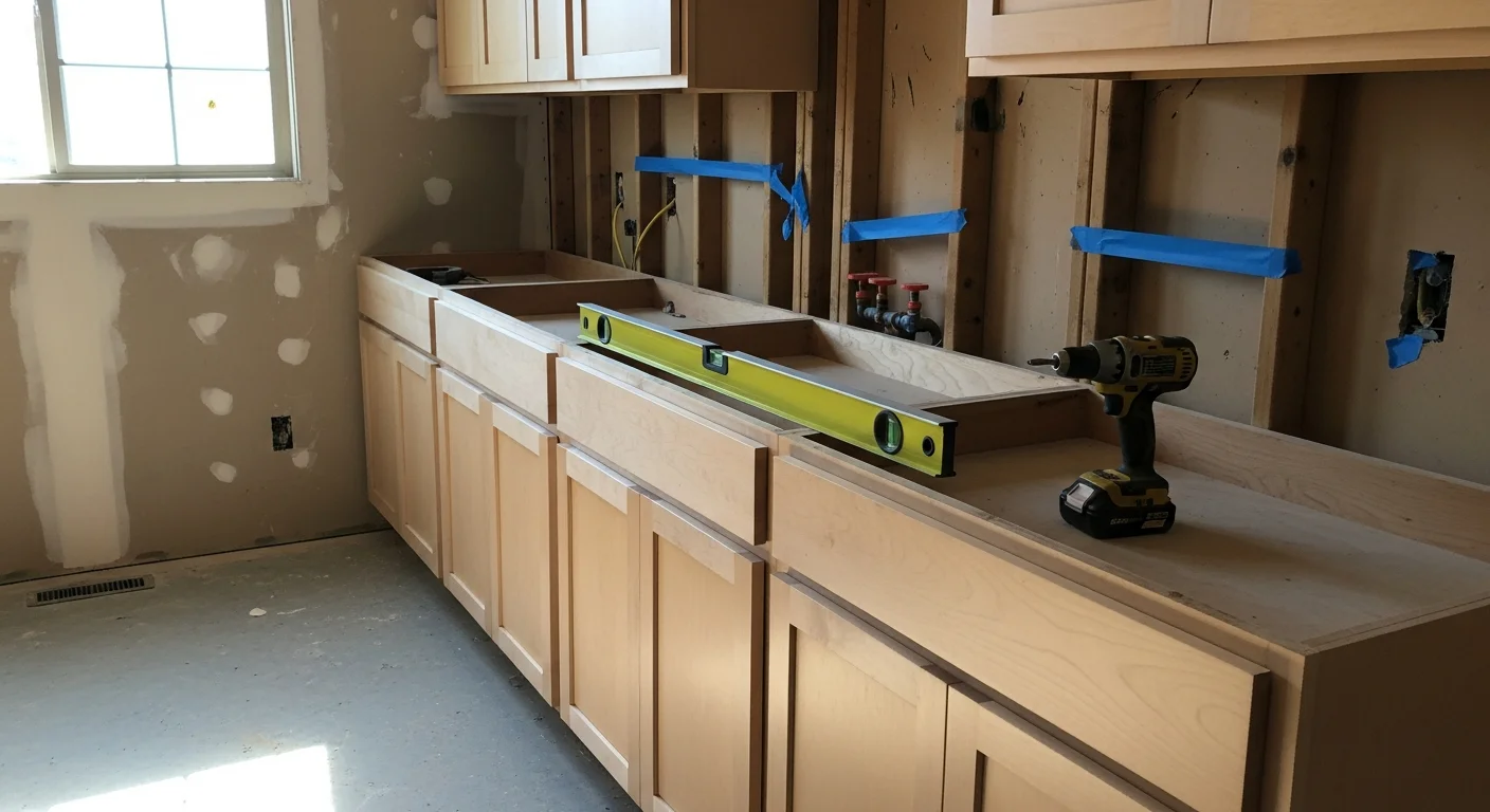 Newly installed white kitchen cabinets in a Yolo County home, with upper and lower runs aligned level against a freshly prepped wall. Cabinet doors and drawers are closed flush, showing clean lines in a mid-century ranch-style kitchen layout.