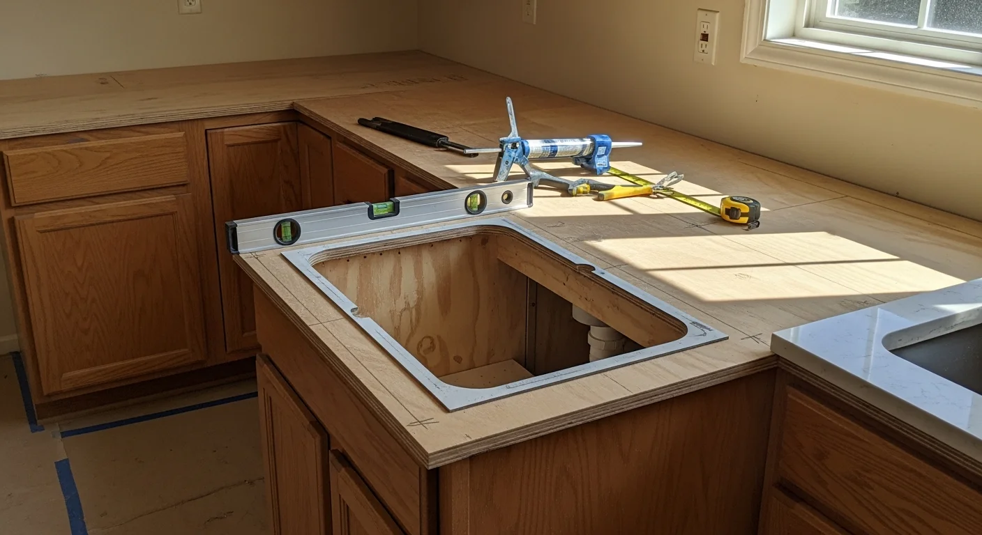 A newly installed kitchen countertop in a Yolo County home, showing a clean surface fitted around a drop-in sink with visible cabinet bases below. The kitchen reflects a mid-century residential layout common in Davis and Woodland, California.