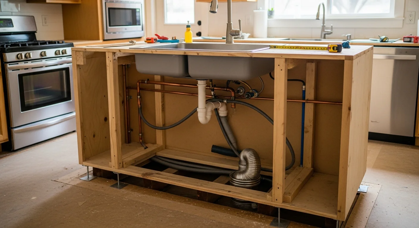 A newly installed kitchen island with an undermount sink in a Yolo County home, showing clean countertop lines and cabinet storage below. The open-concept kitchen layout reflects a remodeled 1980s floor plan common in Davis and Woodland.
