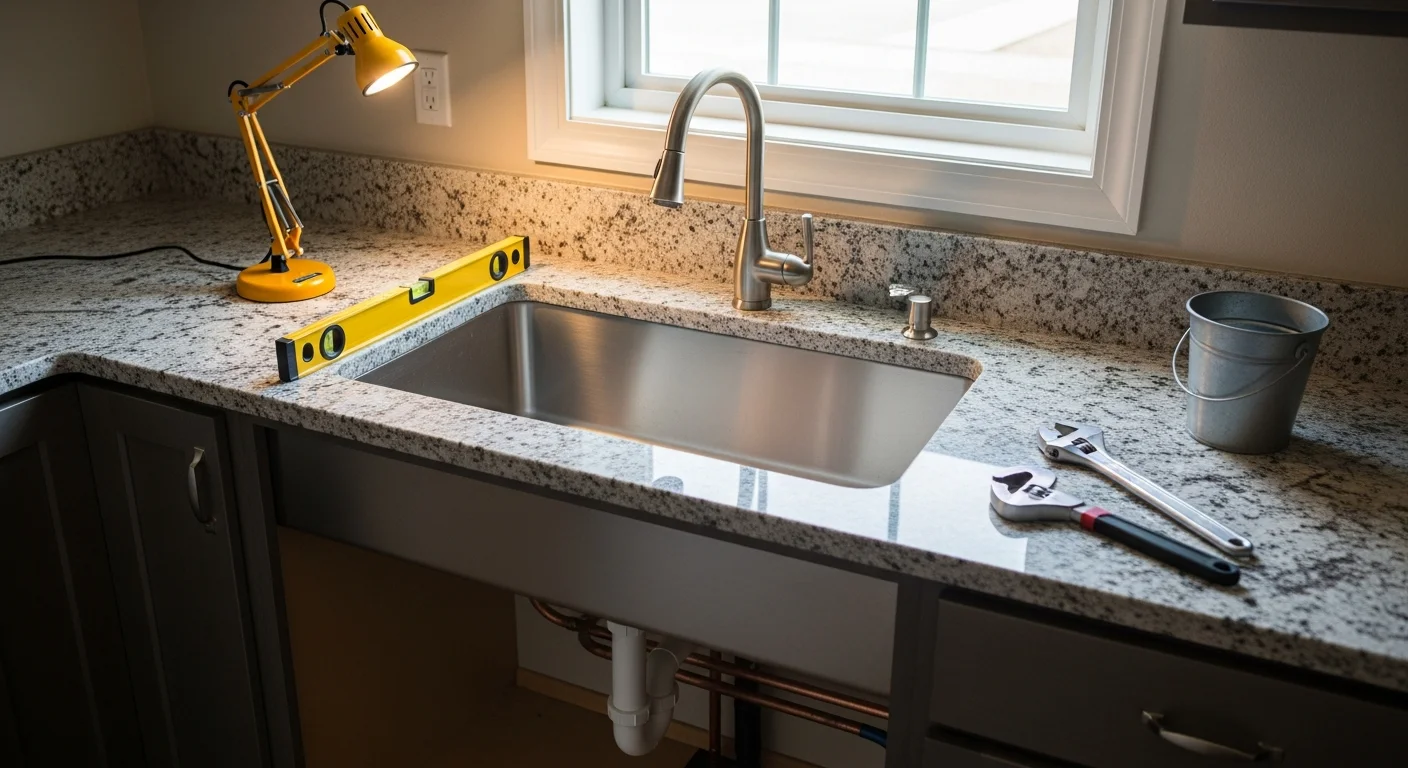 A newly installed stainless steel kitchen sink set into a stone countertop in a Yolo County home kitchen remodel. The under-sink plumbing connections and drain assembly are cleanly fitted with no visible gaps or leaks.