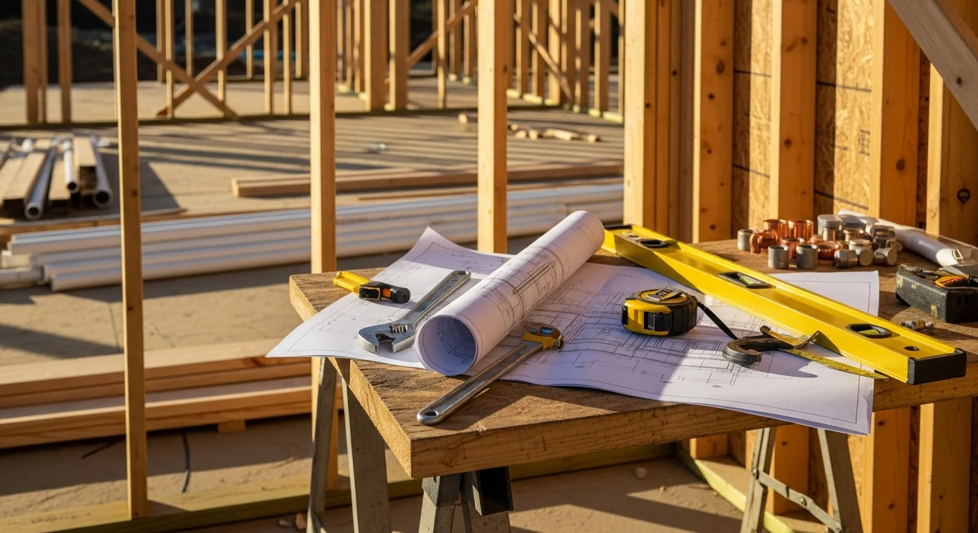 A newly framed single-family home under construction on a residential lot in Yolo County, California, with exposed wall framing and a concrete foundation visible. A general contractor reviews plans on site with construction materials staged in the foreground.
