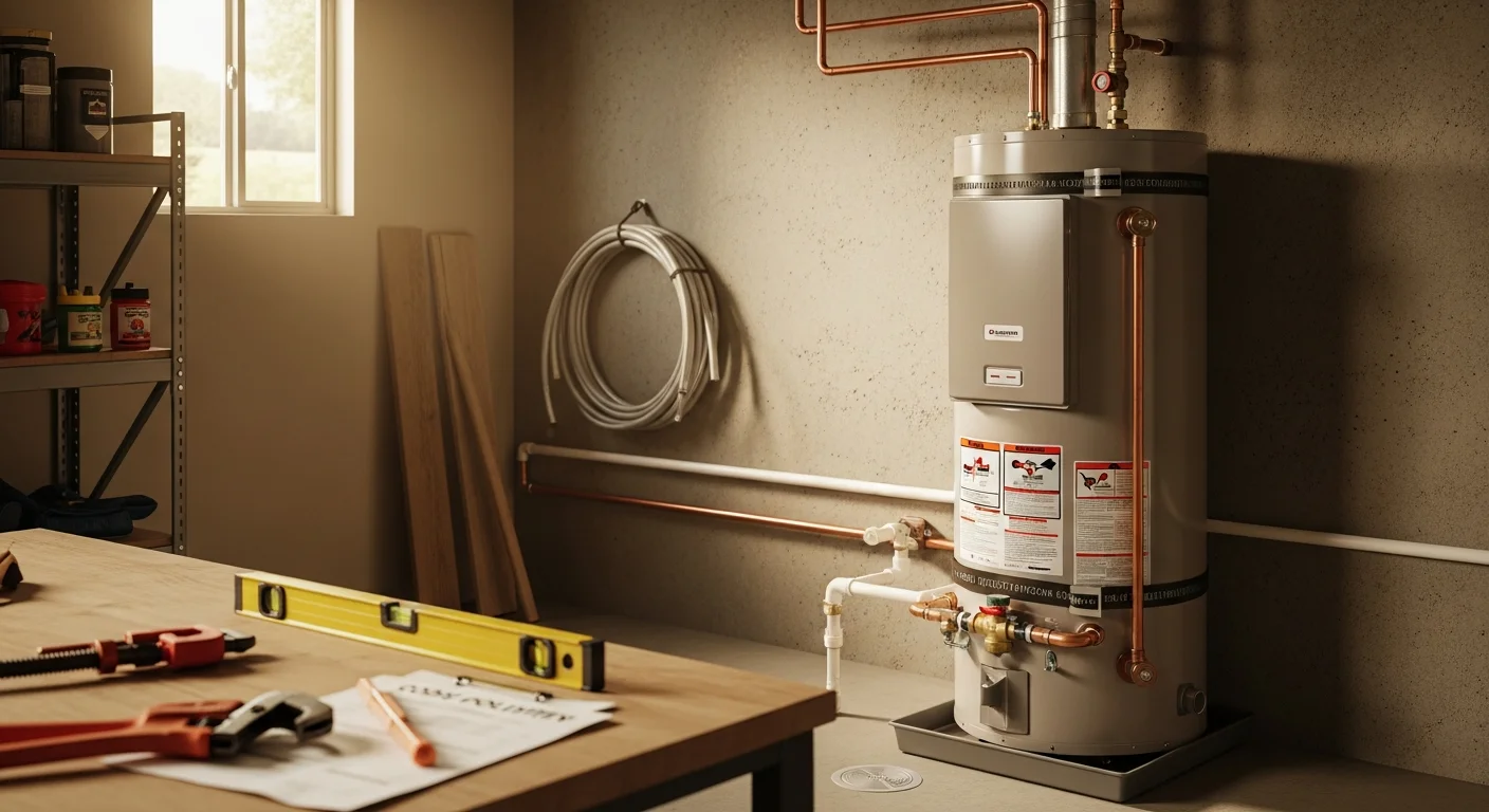 A licensed plumber from Blue Print Plumbing securing a newly installed water heater with seismic straps inside a residential garage in Yolo County, California. The unit is mounted on a raised platform with visible venting and pressure relief valve connections.