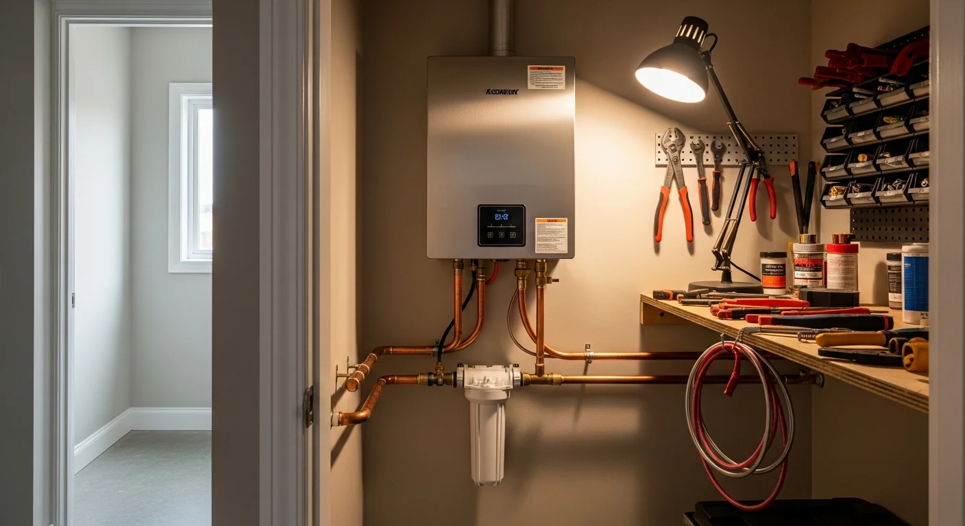A licensed plumber from Blue Print Plumbing mounting a compact tankless water heater on a garage wall in a Yolo County home. The old storage tank has been removed, and new gas and water connections are being fitted to the wall-mounted unit.