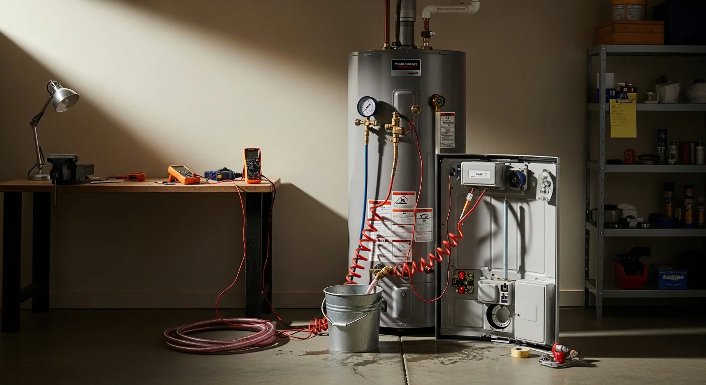 A licensed plumber from Blue Print Plumbing inspecting a residential tank water heater in a Yolo County home utility closet. The plumber checks the pressure relief valve and connecting pipes for signs of corrosion or sediment damage.