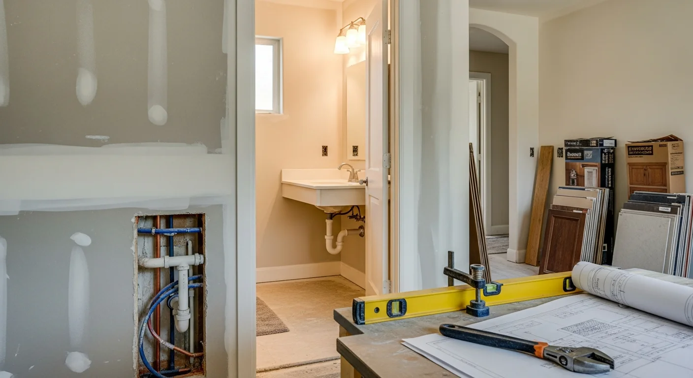 A fully remodeled open-plan kitchen and living area inside a single-family home in Yolo County, California, showing updated cabinetry, new flooring, and modern plumbing fixtures. The renovation reflects the practical upgrades common in older Sacramento Valley homes rebuilt for current living standards.